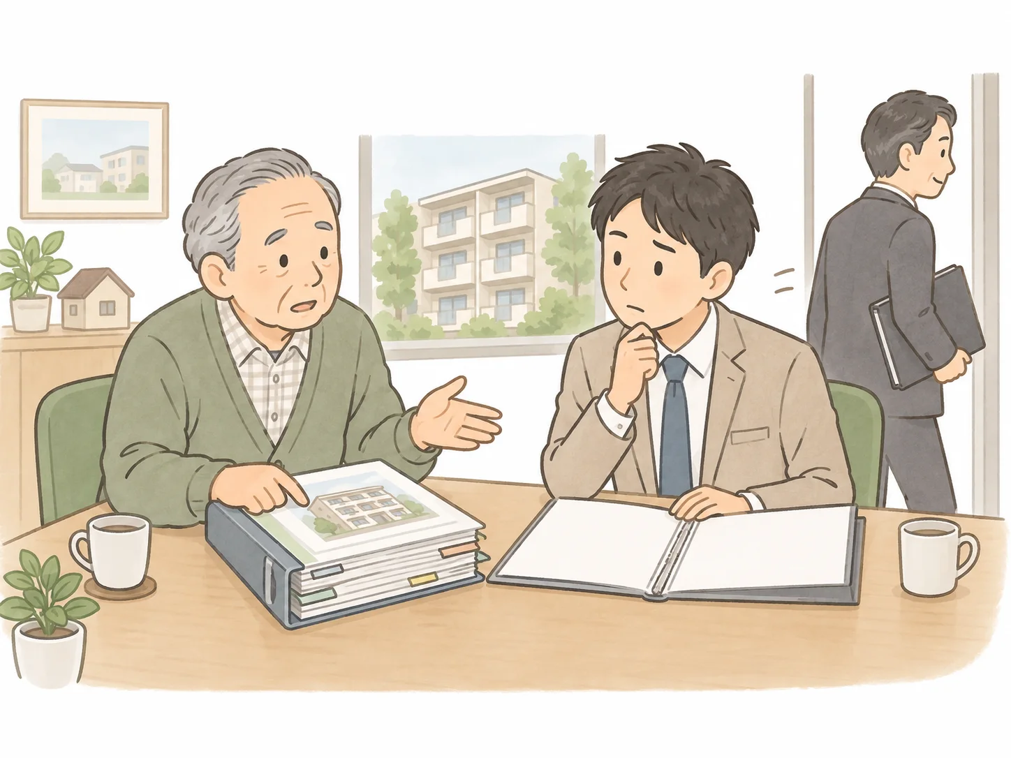 新しい担当者に物件の事情を説明し直すオーナーのイラスト