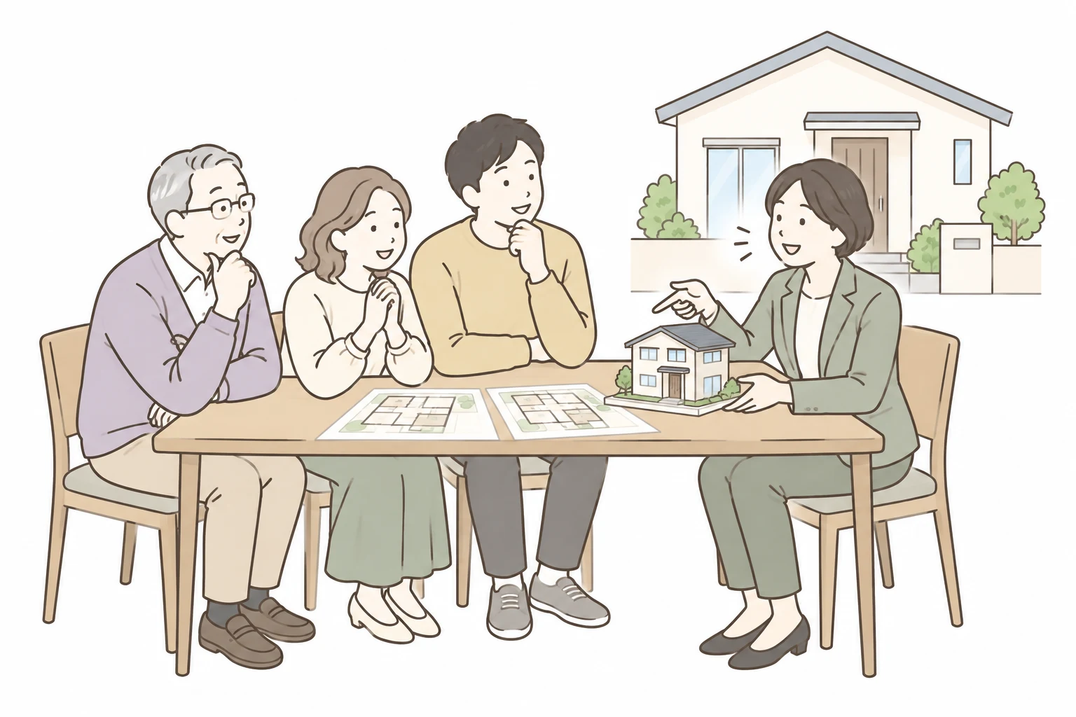 困りごとを一緒に整理する相談風景のイラスト