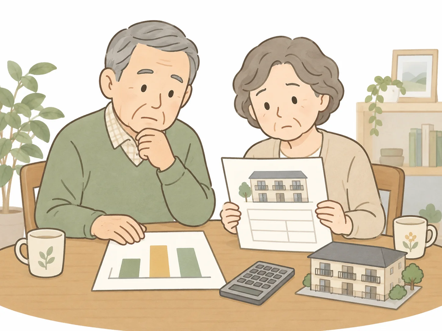 賃料の比較資料を見ながら見直しに悩むオーナーご夫婦のイラスト