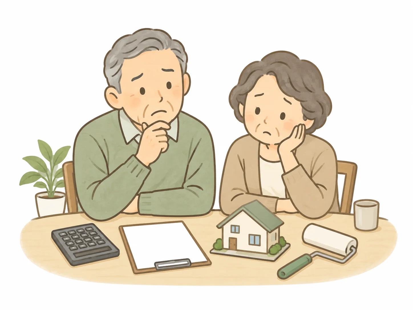 修繕や募集の費用を検討するオーナーご夫婦のイラスト
