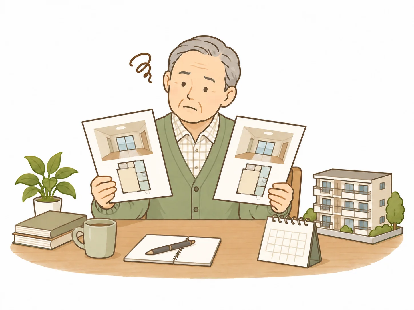 変わらない募集図面を見て悩むオーナーのイラスト